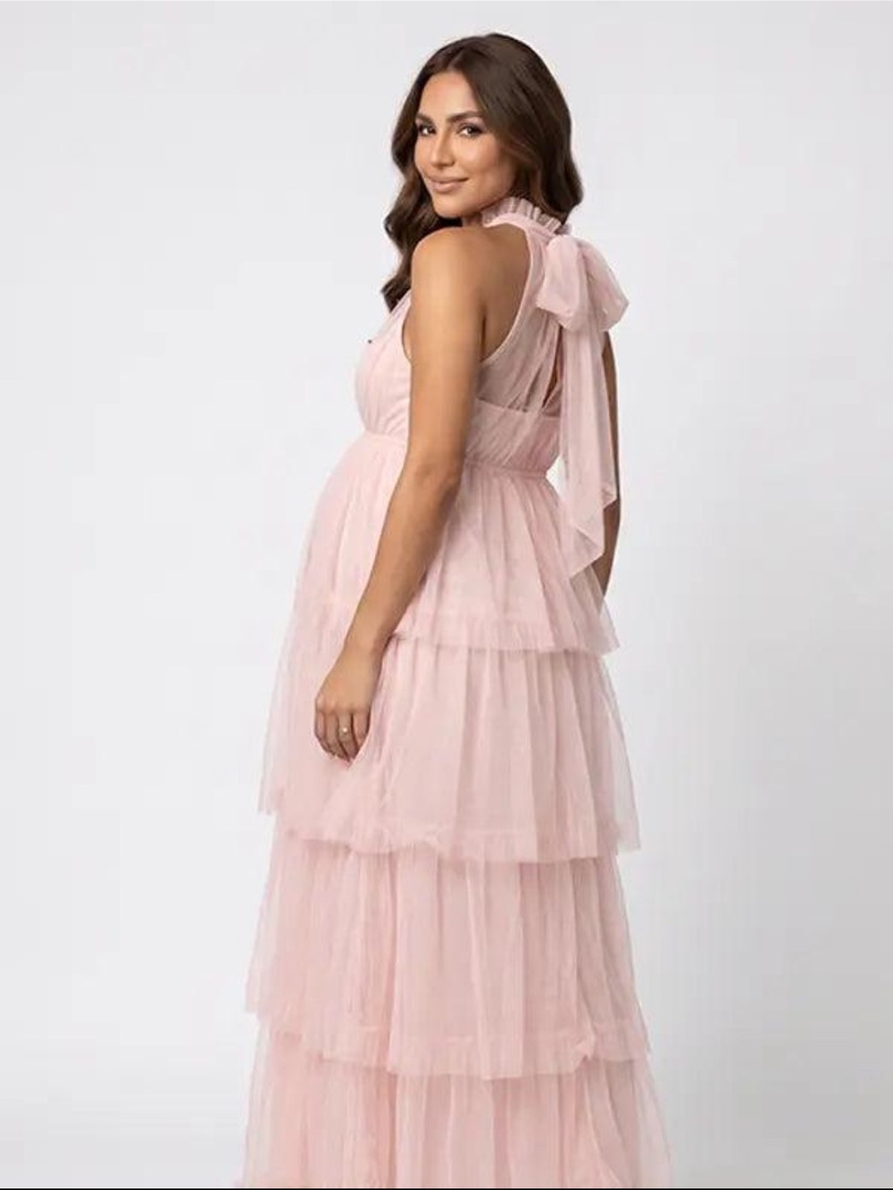 Blush Pink Tiered Tulle Maxi Dress with Bow Back